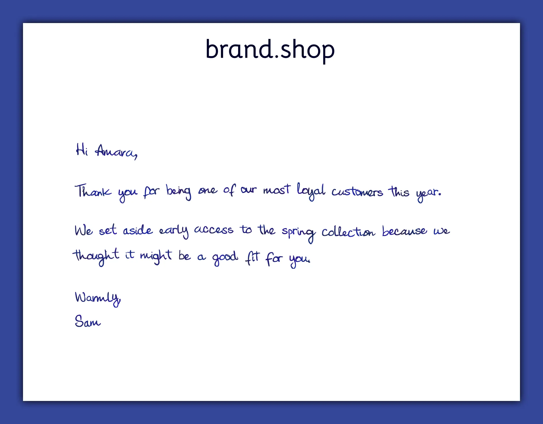 eCommerce VIP handwritten note example with brand logo