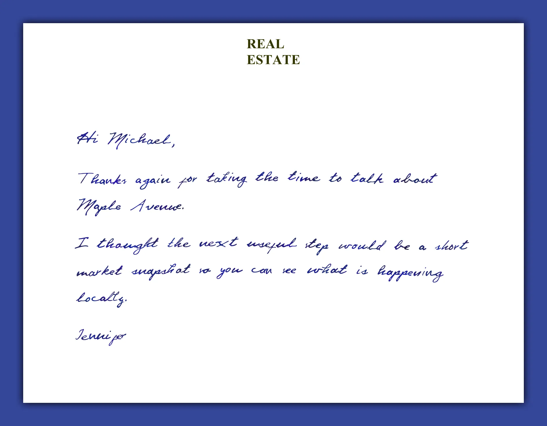 Real estate follow-up handwritten note example with real estate logo