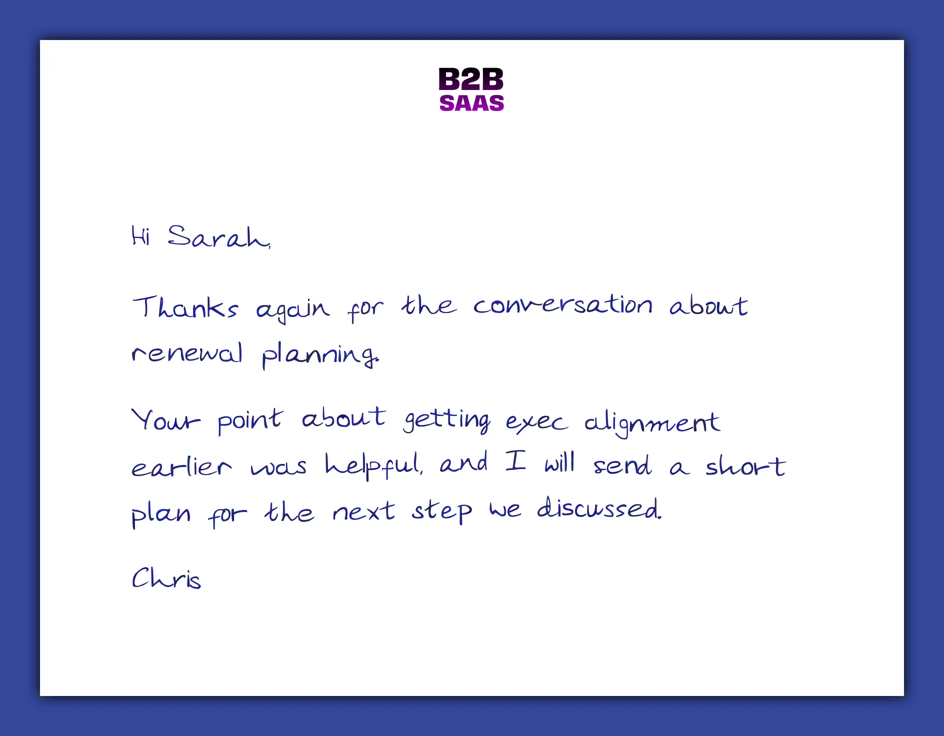 Sales consultation follow-up handwritten note example for B2B teams