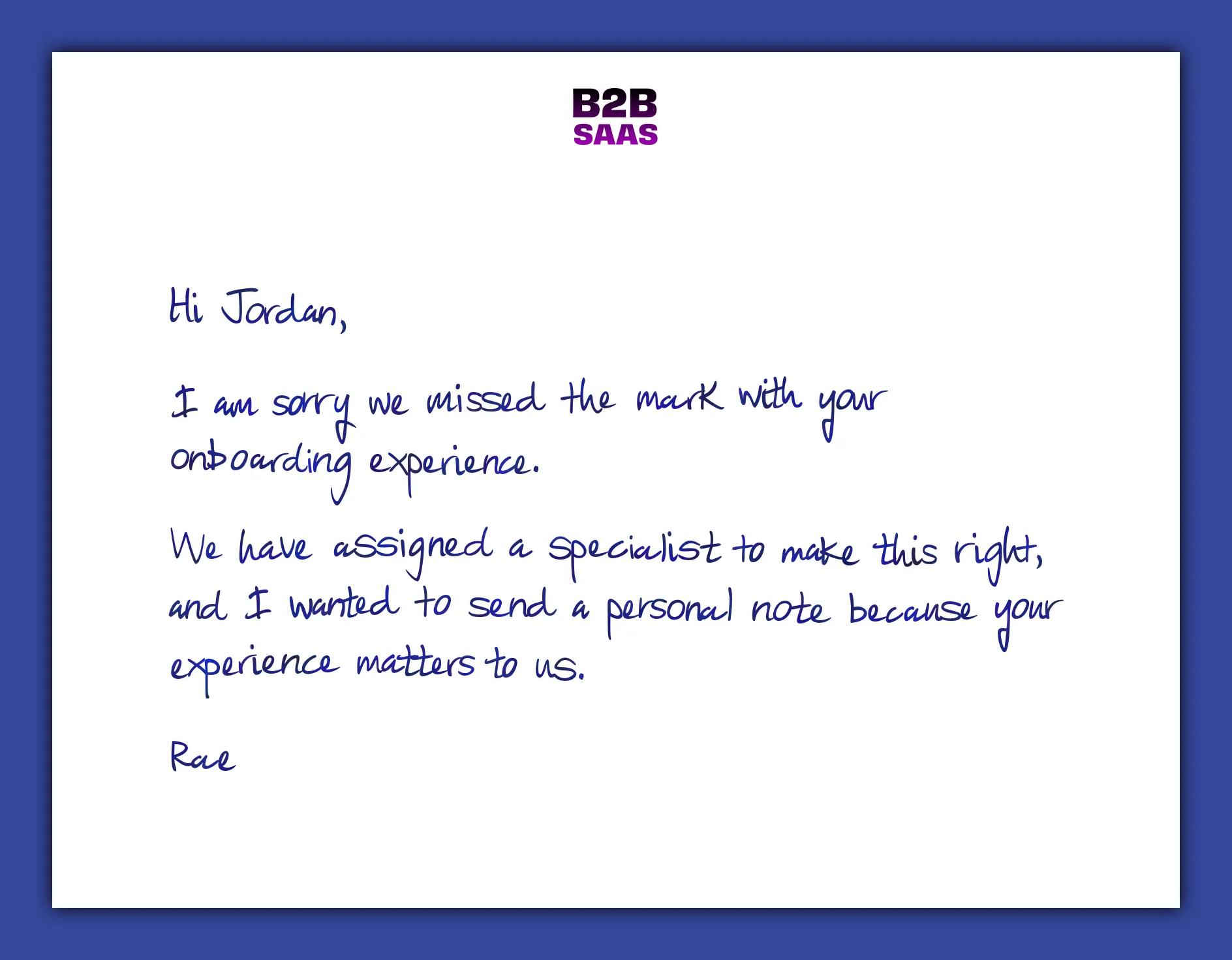 Service recovery handwritten note example for customer experience teams