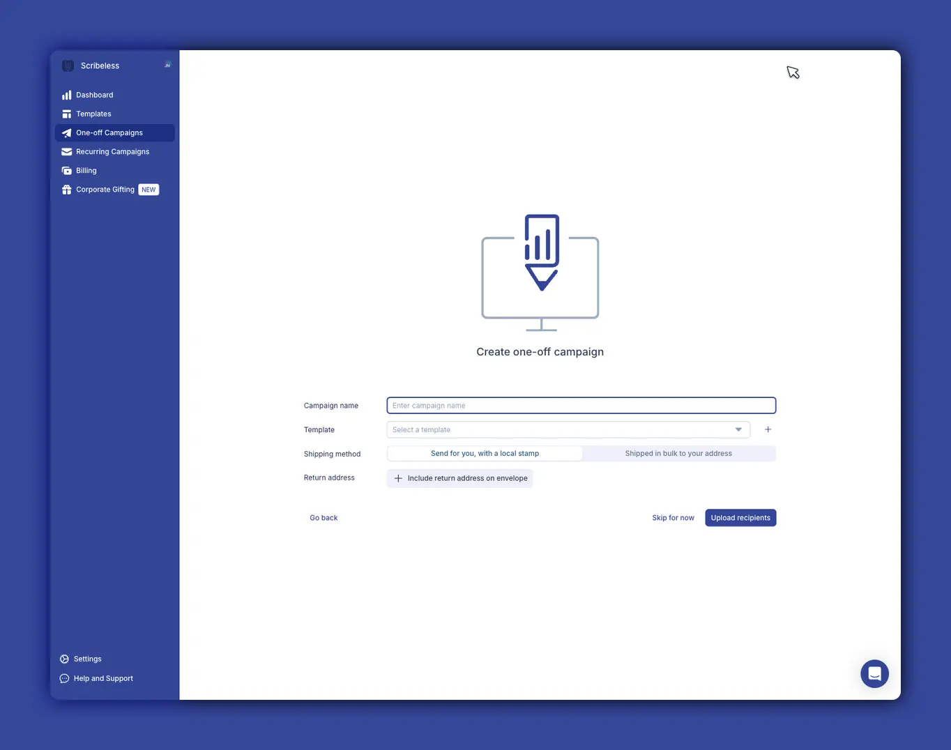 Scribeless platform showing one-off campaign creation with template, shipping, and recipient upload options