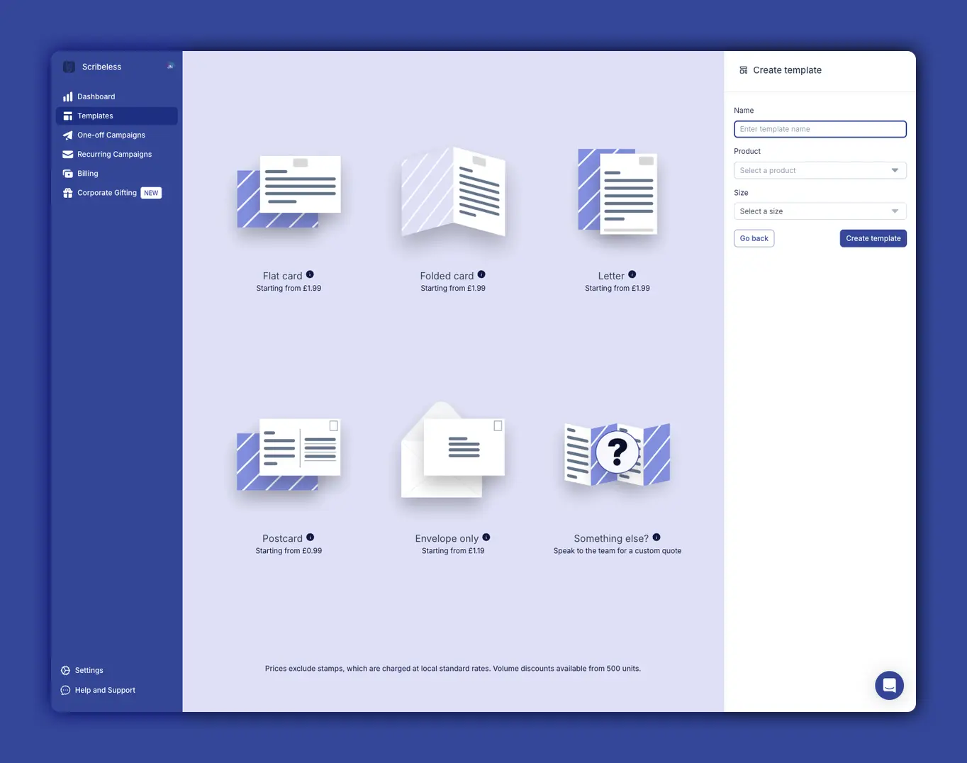 Scribeless platform showing product formats for handwritten marketing campaigns