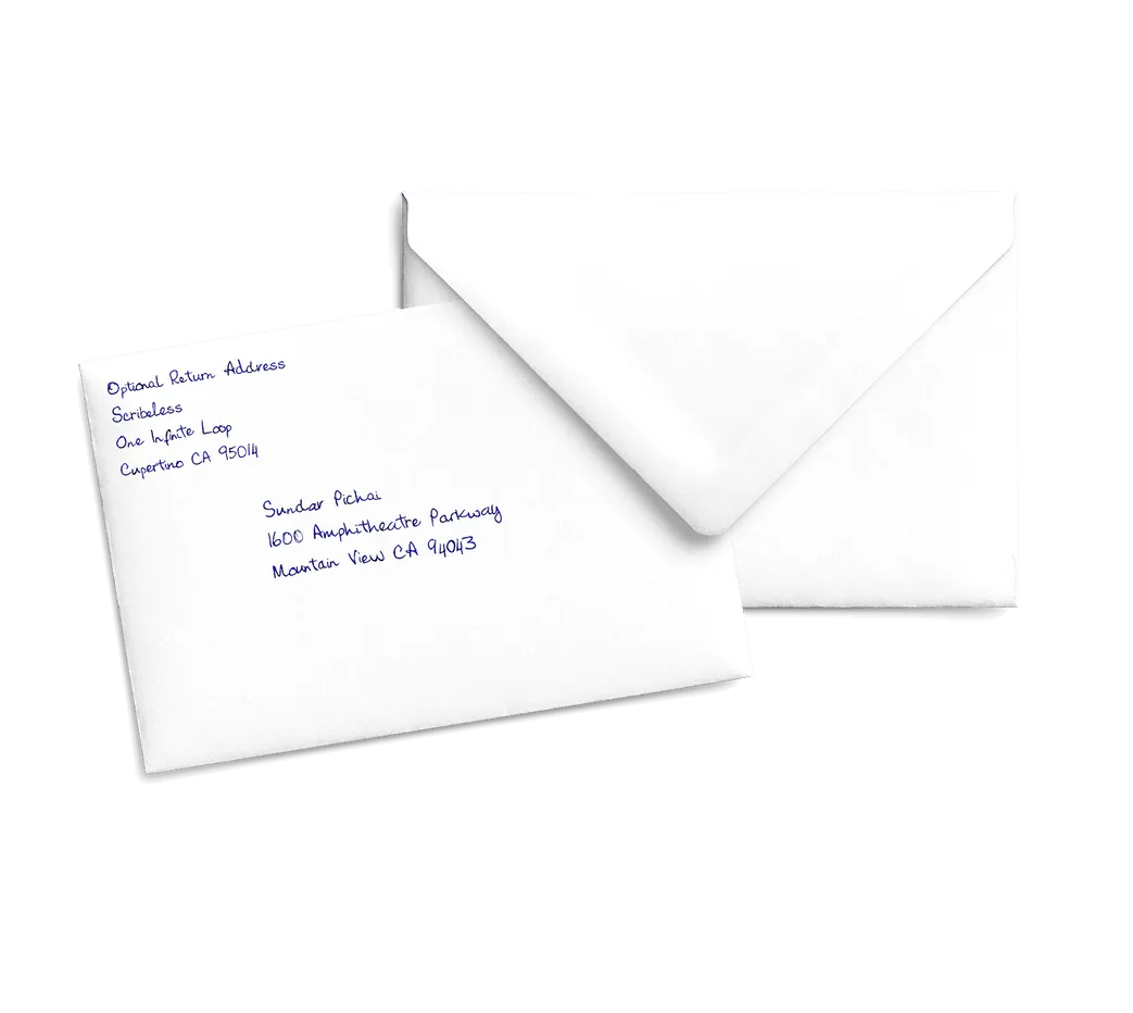 Handwritten note and envelope produced for business direct mail