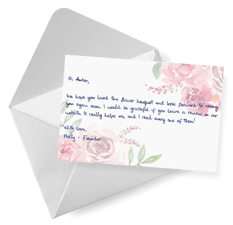 A handwritten thank you note for a florist eCommerce store