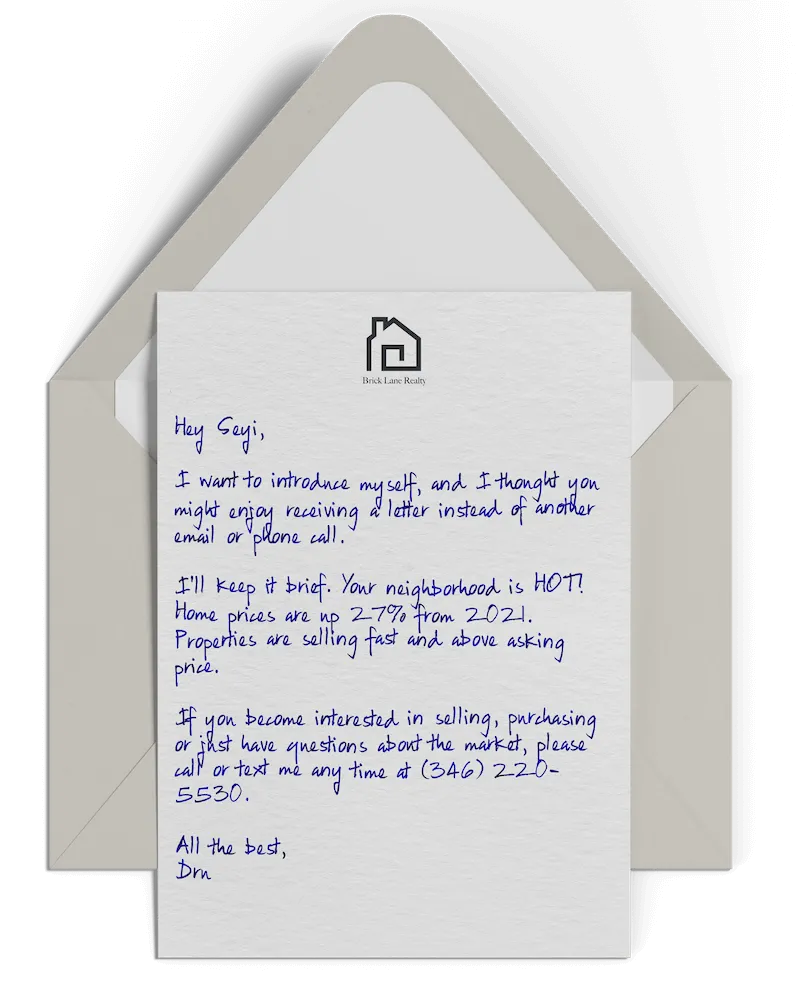 A handwritten real estate direct mail card