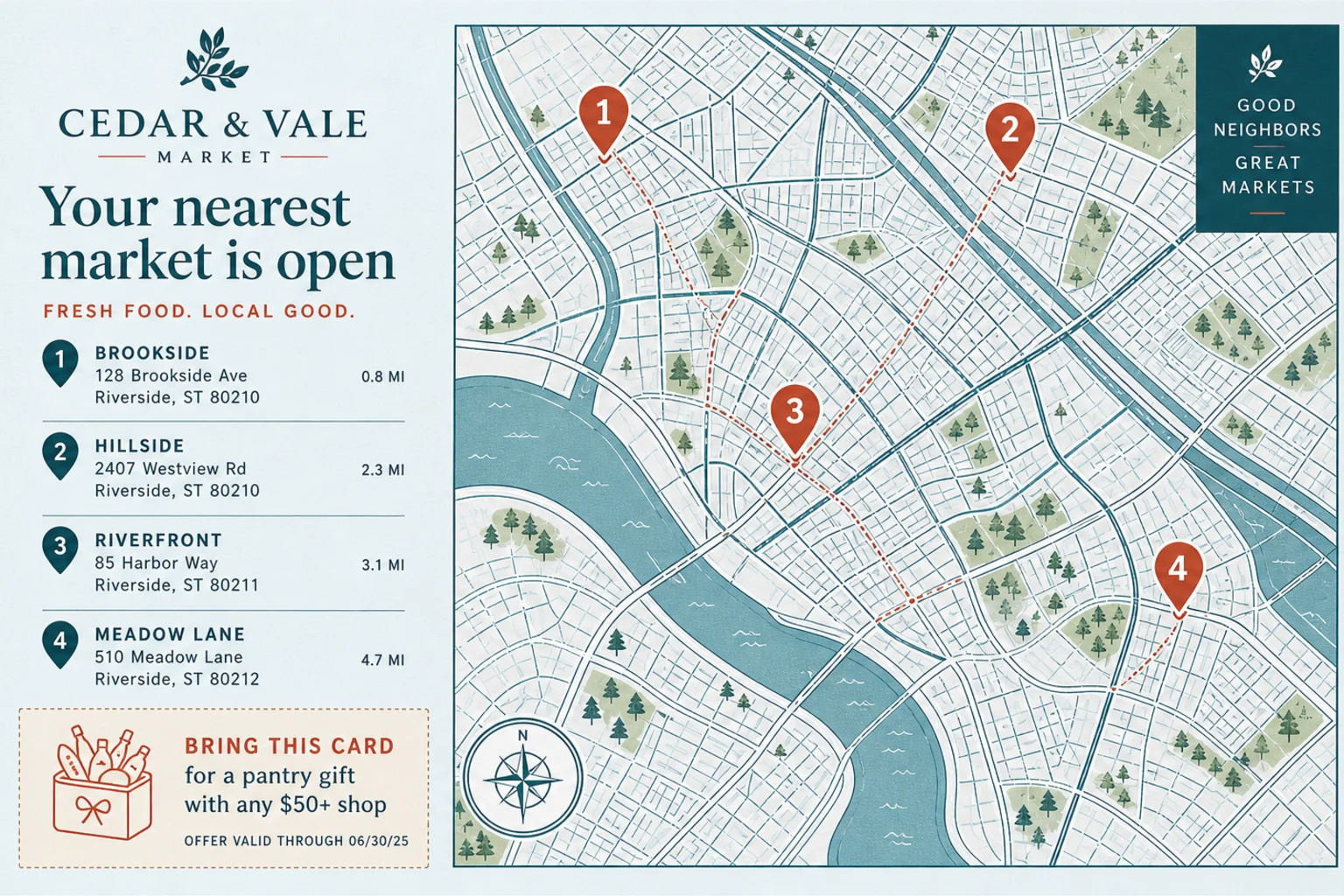 Printed direct mail postcard with a local map and store pins