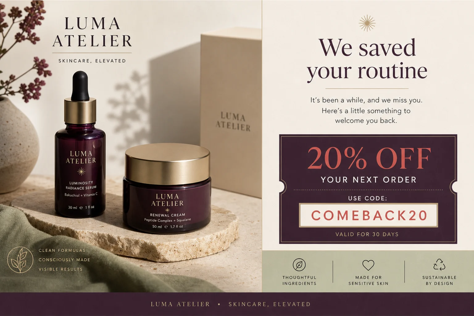Printed skincare win-back direct mail postcard with discount code