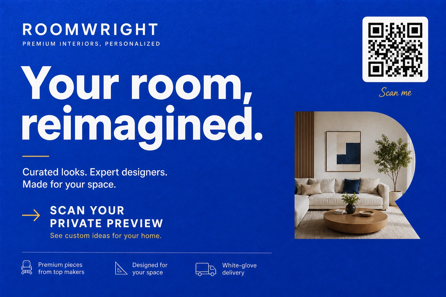 Bright blue printed direct mail postcard with QR preview call to action